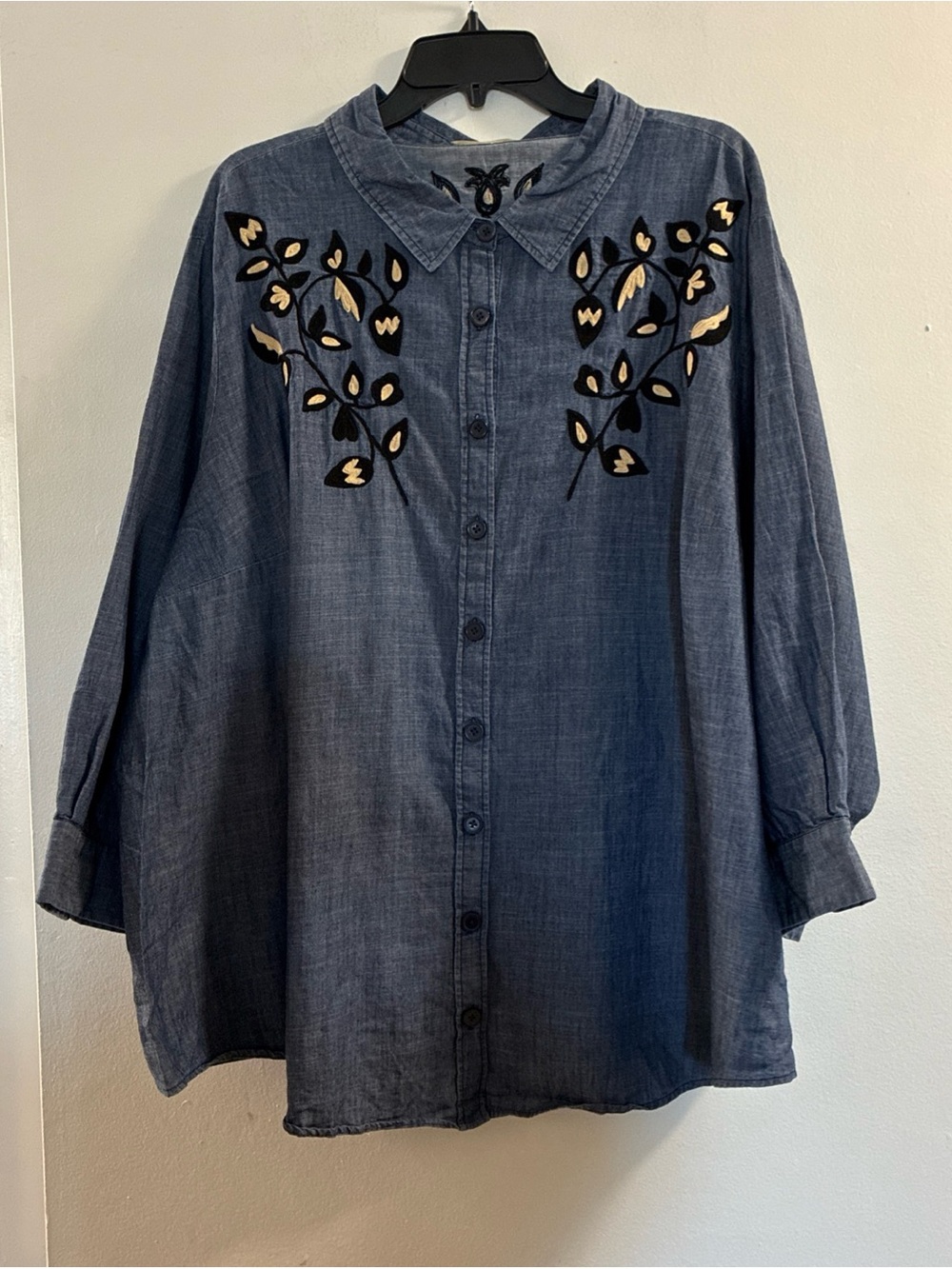 Embroidered Denim-Effect Button-Down Shirt - Blue